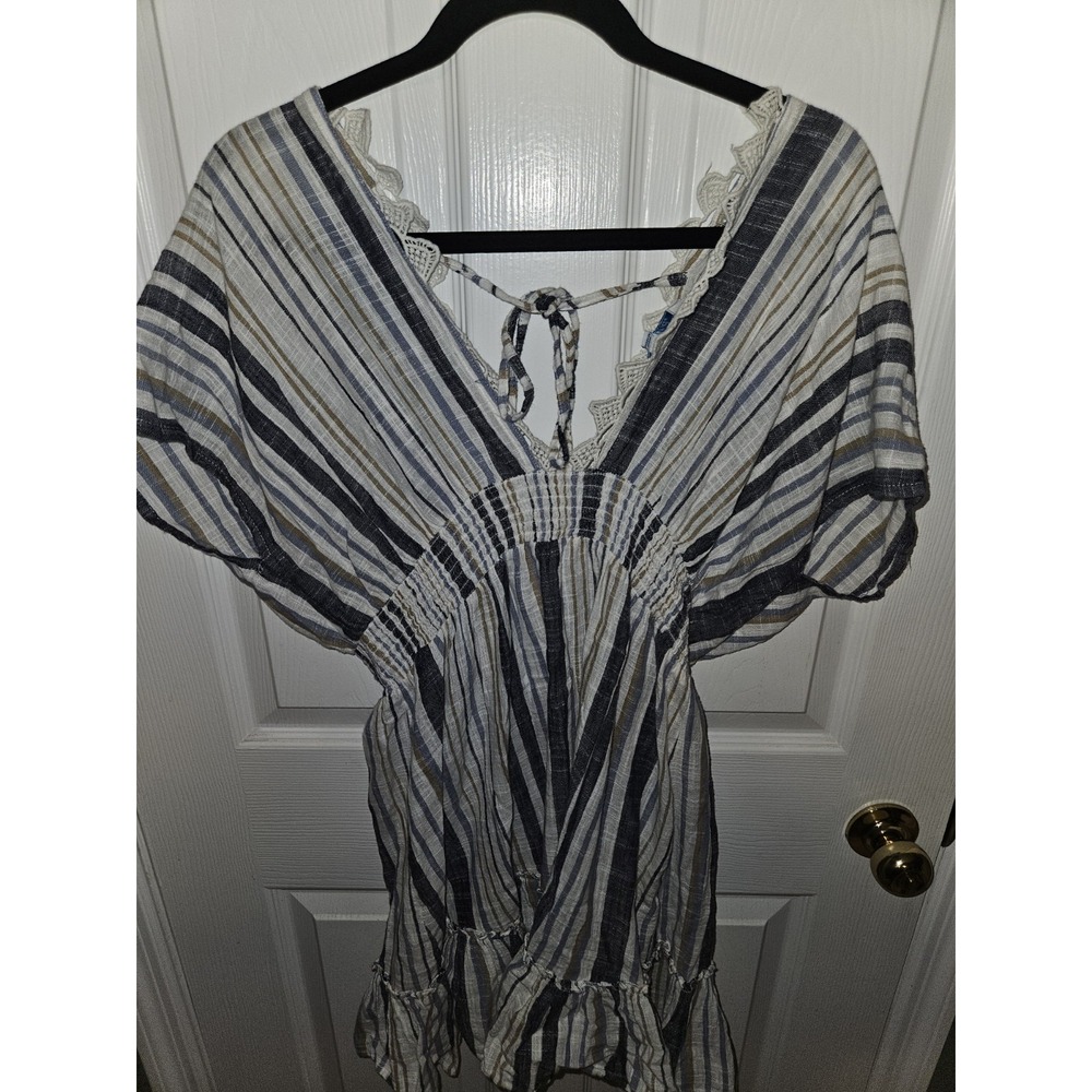 Blue Island Women's Striped Off-Shoulder Tiered Mini Dress Size M White And Blue
